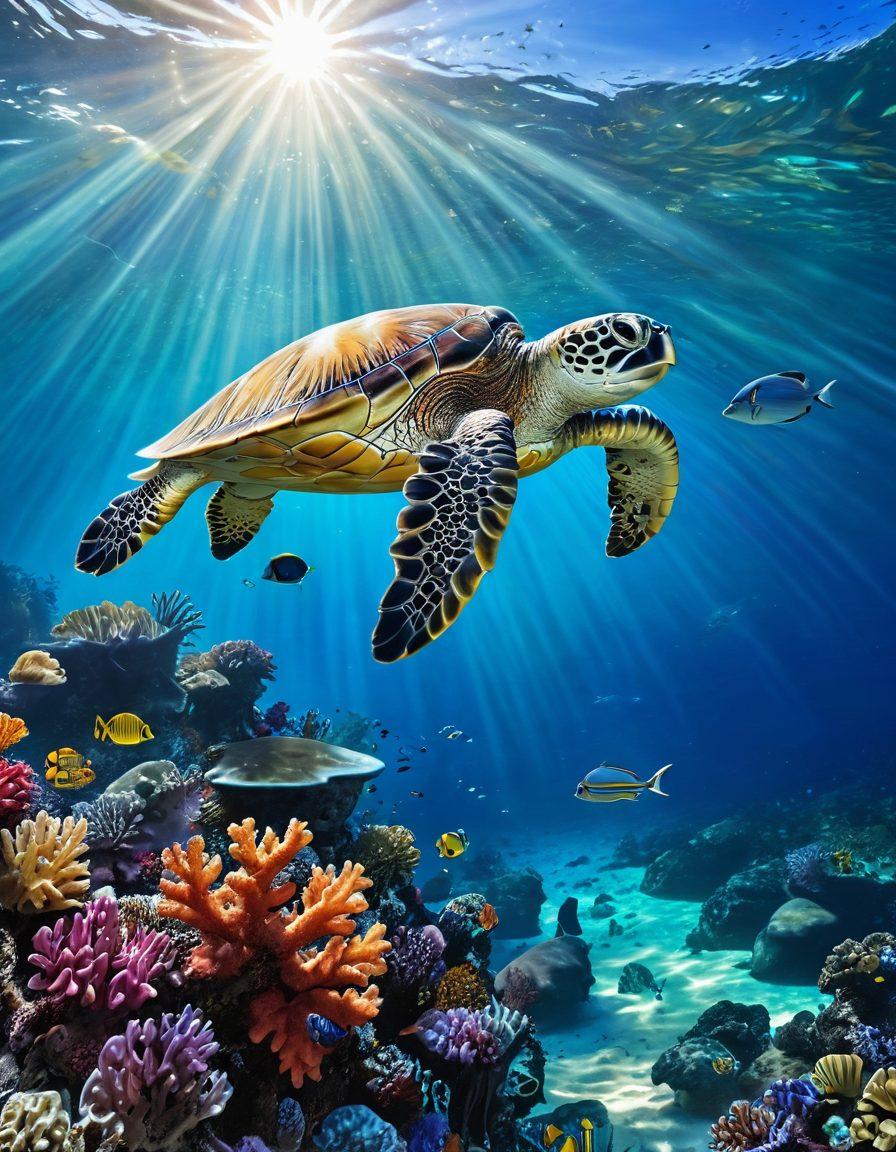 A breathtaking underwater scene featuring a diverse array of marine life including colorful coral reefs, vibrant fish, and a majestic sea turtle swimming gracefully. Include a traveler in snorkeling gear marveling at the beauty of the ocean, with rays of sunlight streaming down through the water's surface. Capture the essence of adventure and exploration in a serene marine environment. super-realistic. vibrant colors. 3D.