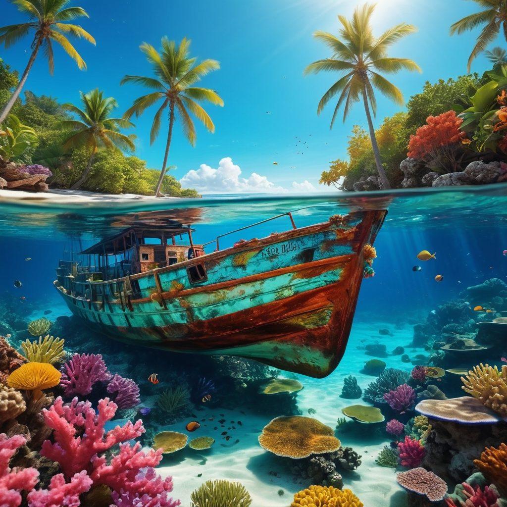 A breathtaking underwater scene showcasing vibrant coral reefs, colorful marine life swimming amidst crystal-clear waters, and a sunken ship in the background, symbolizing adventure. Above the surface, a picturesque coastline with palm trees and sandy beaches invites coastal exploration. Bright, inviting colors bring the scene to life, stimulating a sense of awe and wanderlust. super-realistic. vibrant colors. 3D.