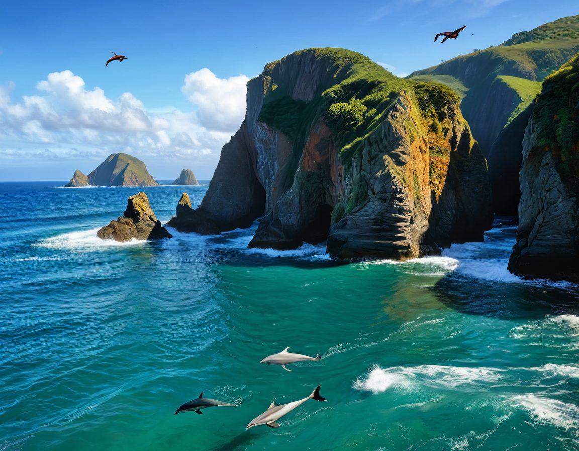 A picturesque scene depicting a vibrant seascape filled with colorful sailboats gracefully gliding across the water. In the foreground, an enthusiastic angler reeling in a sizable fish, surrounded by playful dolphins leaping in the waves. Lush, green coastal cliffs rise in the background, dotted with curious seabirds. The sky is a brilliant blue, reflecting the adventurous spirit of fishing, sailing, and wildlife encounters. super-realistic. vibrant colors. 3D.
